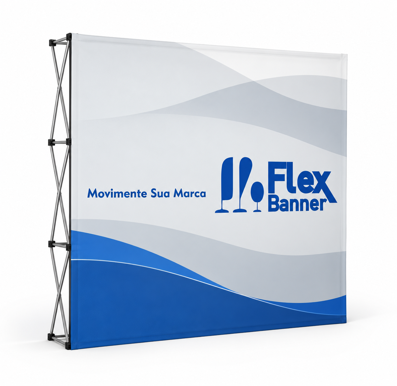 Backdrop retrátil FlexBanner 2,30 x 2,30 m com estrutura pantográfica em alumínio e tecido Oxford personalizado